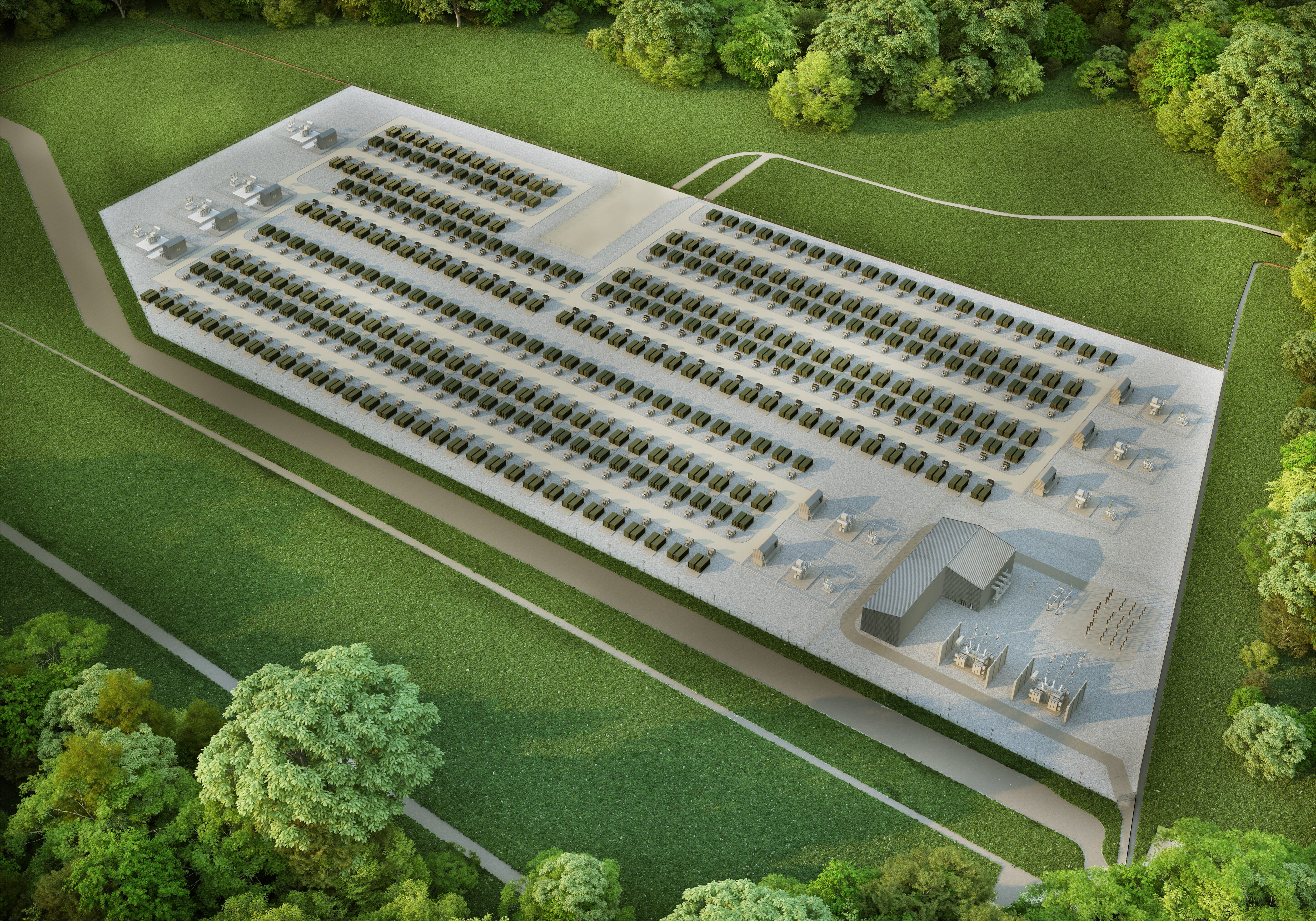 A rendered image of an energy storage project from an aerial view.