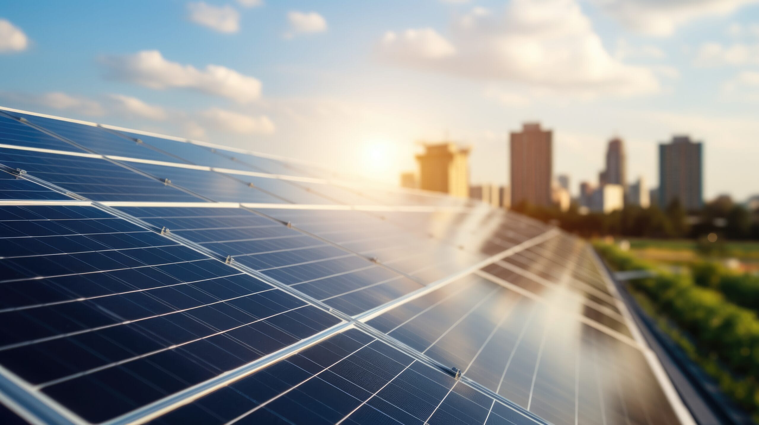 Solar-panels-in-a-field-with-a-city-backdrop-representing-joint-ventures-and-mergers-and-acquisitions-at-Innova-scaled