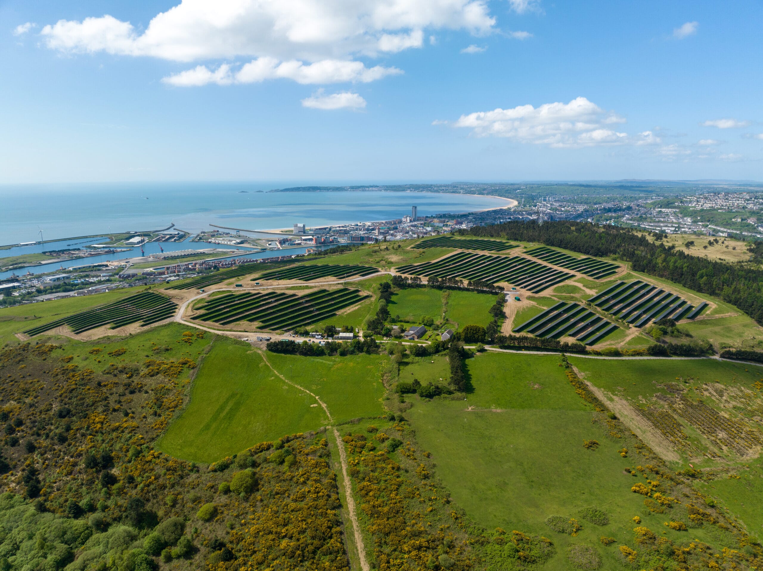 An aerial view of Carn Nicholas solar farm