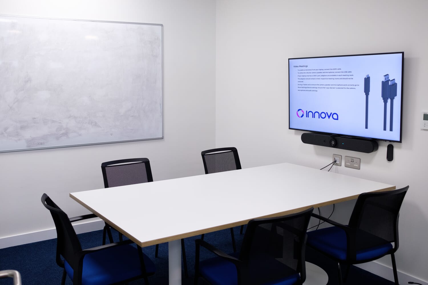A meeting room with chairs, a table, a whiteboard, and a screen displaying HDMI connection instructions.