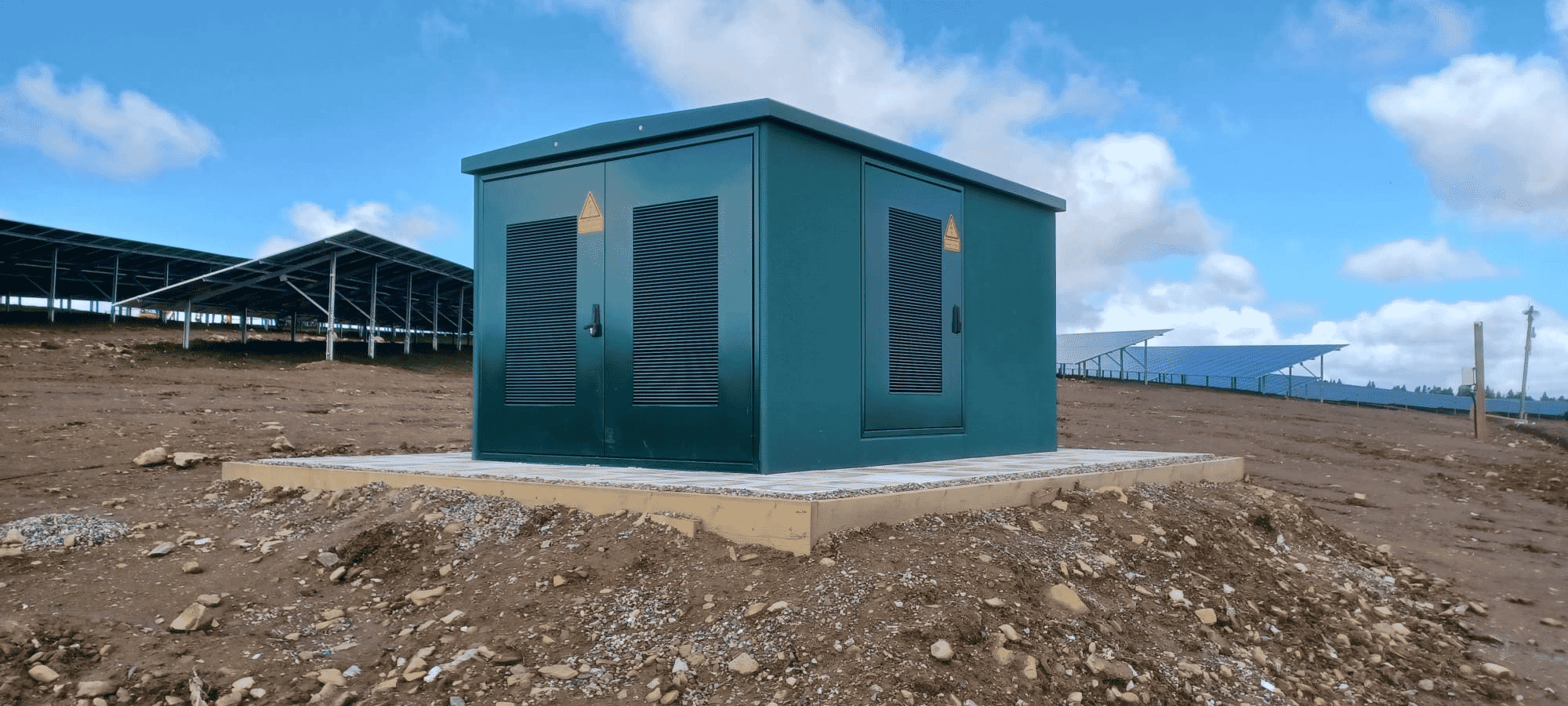 A substation building on a solar farm