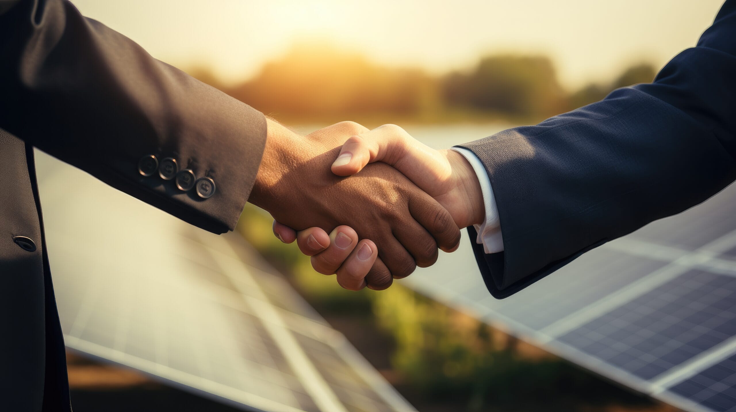 Two-businessmen-shaking-hands-in-front-of-solar-panels-representing-the-signing-of-a-solar-ppa-scaled