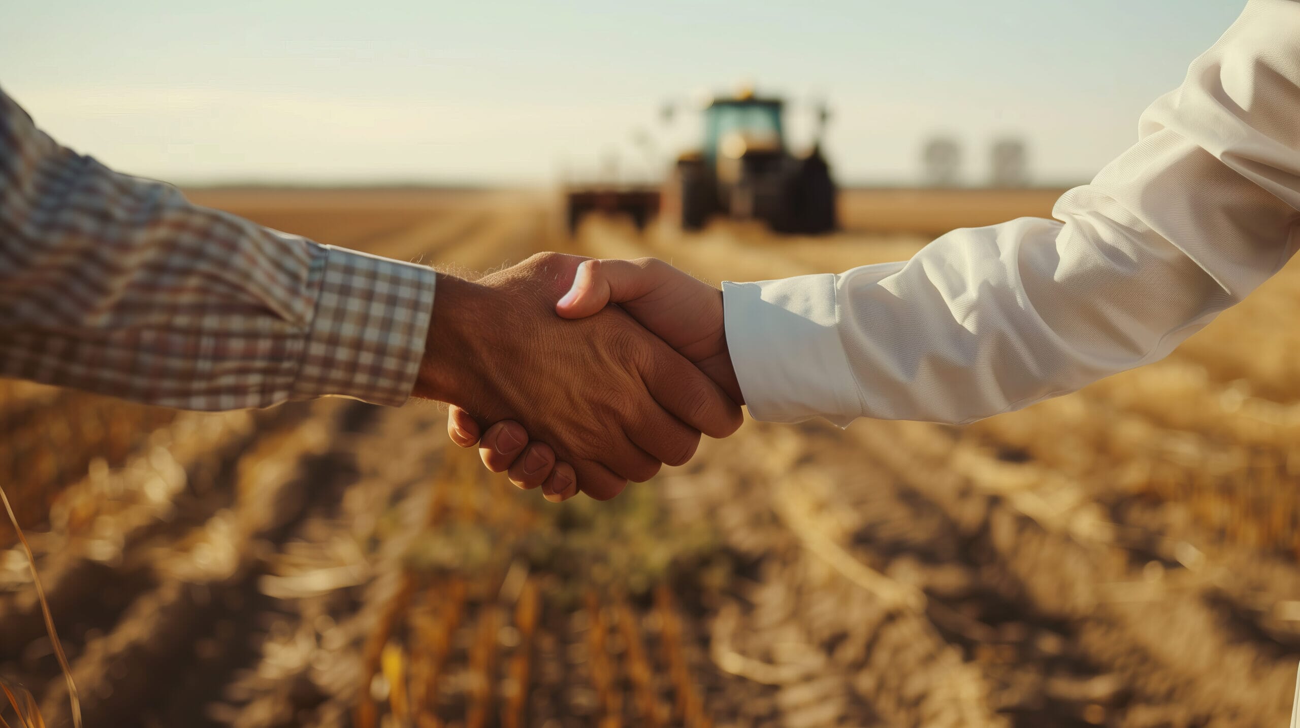 A farmer and businessman shaking hands in a field, representing leasing land for renewable energy (AI generated)